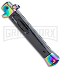 Mago 11" Italian Stiletto OTF Auto Knife Black Acrylic - Rainbow Bayo -Kershaw Shop 11in Italian Stiletto OTF Auto Black Acrylic Rainbow Bolster Rainbow Bayo GX 38618 jr spine large