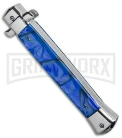 11" Mago Italian Stiletto OTF Automatic Knife Blue Acrylic Dagger -Kershaw Shop 11in Italian Stiletto OTF Auto Blue Acrylic Dagger Satin GX 33858 jr side large