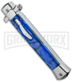 Kershaw Shop -Kershaw Shop 11in Italian Stiletto OTF Auto Blue Acrylic Dagger Satin GX 33858 jr spine large