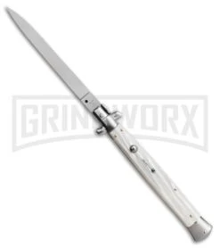 SKM 13" White Pearlex Italian Stiletto Automatic Knife - Flat Grind
