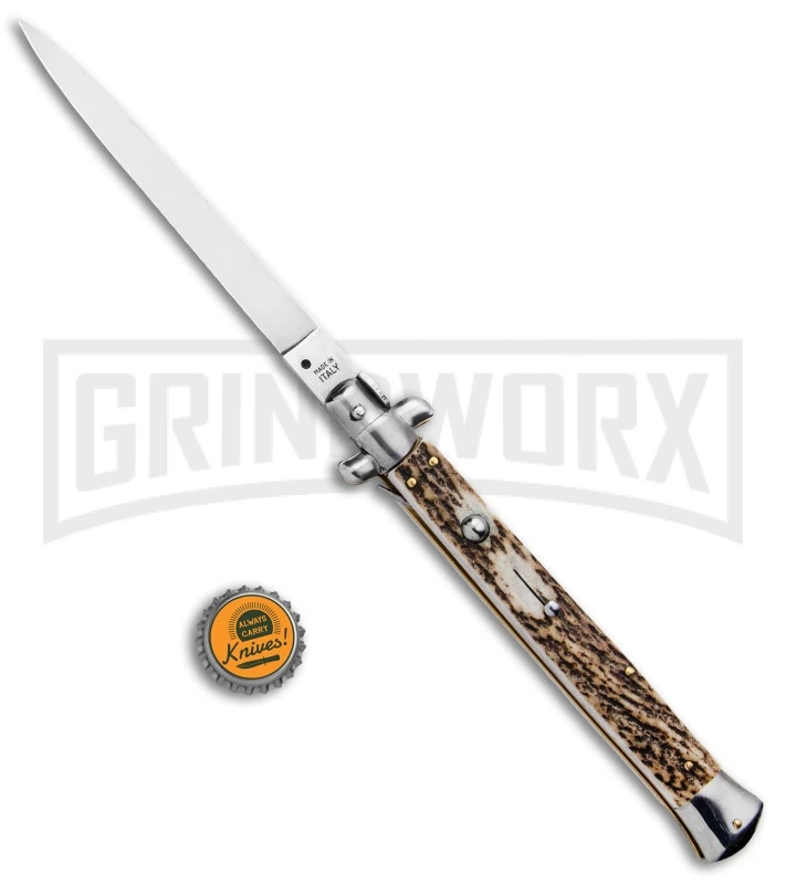 SKM 13" Stag Horn Automatic Italian Stiletto - Bayonet Satin 6 SKM 13" Stag Horn Automatic Italian Stiletto - Bayonet Satin - Image 4