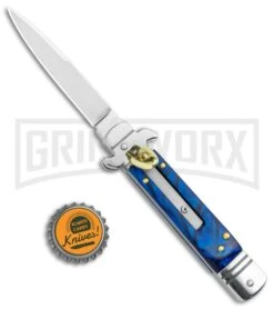 Italia Brass Lever Lock Automatic Stiletto Knife Blue Handle - Satin Plain -Kershaw Shop 7.5in LL Auto Acrylic Blue Bayo Satin AU 5 GX 36487 jr bottlecap large