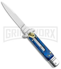 Italia Brass Lever Lock Automatic Stiletto Knife Blue Handle - Satin Plain