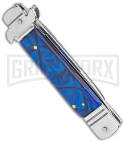 Italia Brass Lever Lock Automatic Stiletto Knife Blue Handle - Satin Plain -Kershaw Shop 7.5in LL Auto Acrylic Blue Bayo Satin AU 5 GX 36487 jr side large