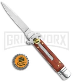 Italia 7.5" Brass Lever Lock Automatic Knife Redwood - Satin Bayonet -Kershaw Shop 7.5in LL Auto Wood Bayo Satin AU 4 GX 0296 jr bottlecap large