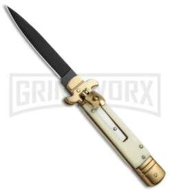 8" Leverlock Sim Ivory Automatic Knife - Bayonet Black Plain