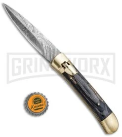 9" Damascus Leverlock Blackwood Automatic Knife - Dagger Damascus Plain -Kershaw Shop 8.75in LL Dagger Stiletto Blackwood Damascus LV1B BHQ 71507 jr bottlecap large