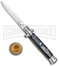 SKM 8" Italian Stiletto Dark Horn Automatic Knife - Satin Flat -Kershaw Shop 8in Italian Stiletto Dark Horn Satin BP 25377 jr bottlecap large