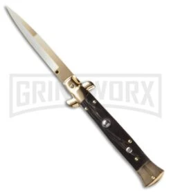 Frank B. 9" Italian Stiletto Dark Horn Automatic Knife - Gold Bayonet