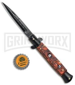 9" Anomaly Stiletto Red Skull Automatic Knife - Bayonet Black Plain -Kershaw Shop 9in Anomaly Stiletto Red Skull Bayo Black Plain A150ZR BP 23751 jr bottlecap large