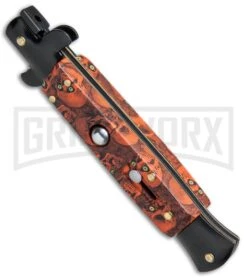 9" Anomaly Stiletto Red Skull Automatic Knife - Bayonet Black Plain -Kershaw Shop 9in Anomaly Stiletto Red Skull Bayo Black Plain A150ZR BP 23751 jr spine large