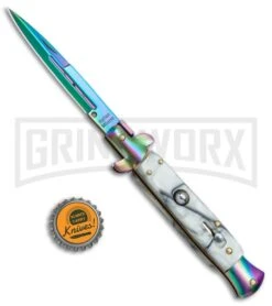 9" Anomaly Stiletto White Swirl Automatic Knife - Bayonet Spectrum Plain -Kershaw Shop 9in Anomaly Stiletto White Swirl Bayo Spectrum Plain A150BLR BP 22809 jr bottlecap large