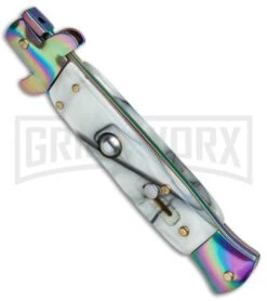 9" Anomaly Stiletto White Swirl Automatic Knife - Bayonet Spectrum Plain -Kershaw Shop 9in Anomaly Stiletto White Swirl Bayo Spectrum Plain A150BLR BP 22809 jr spine large
