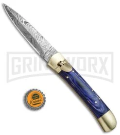9" Damascus Leverlock Blue Wood Automatic Knife - Dagger Damascus Plain -Kershaw Shop 9in LL Dagger Stiletto Blue Wood Damascus LV1BL BHQ 75633 jr bottlecap large