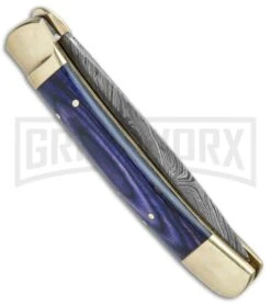 9" Damascus Leverlock Blue Wood Automatic Knife - Dagger Damascus Plain -Kershaw Shop 9in LL Dagger Stiletto Blue Wood Damascus LV1BL BHQ 75633 jr side large