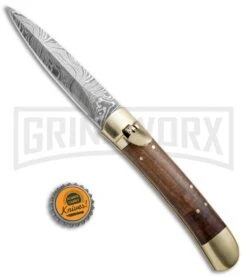 9" Damascus Leverlock Wood Automatic Knife - Dagger Damascus Plain -Kershaw Shop 9in LL Dagger Stiletto Wood Damascus LV1W BHQ 75634 jr bottlecap large