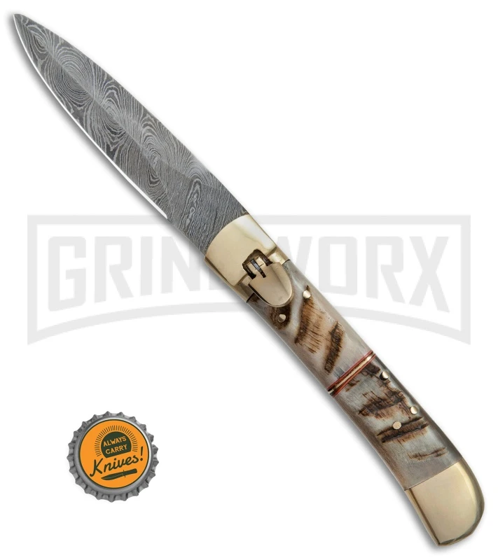 9" Damascus Leverlock Stag Automatic Knife - Dagger Damascus Plain 6 9" Damascus Leverlock Stag Automatic Knife - Dagger Damascus Plain - Image 4