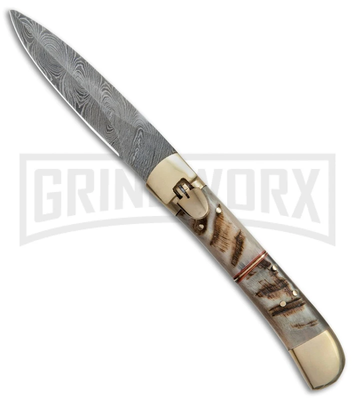 9" Damascus Leverlock Stag Automatic Knife - Dagger Damascus Plain 3 9" Damascus Leverlock Stag Automatic Knife - Dagger Damascus Plain