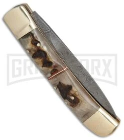 9" Damascus Leverlock Stag Automatic Knife - Dagger Damascus Plain 7 9" Damascus Leverlock Stag Automatic Knife - Dagger Damascus Plain -Kershaw Shop 9in Leverlock dagger stiletto stag damascus BHQ 80253 er side large