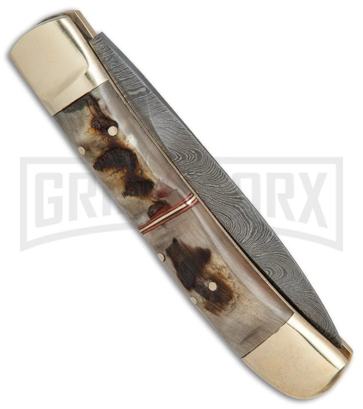 9" Damascus Leverlock Stag Automatic Knife - Dagger Damascus Plain 4 9" Damascus Leverlock Stag Automatic Knife - Dagger Damascus Plain - Image 2