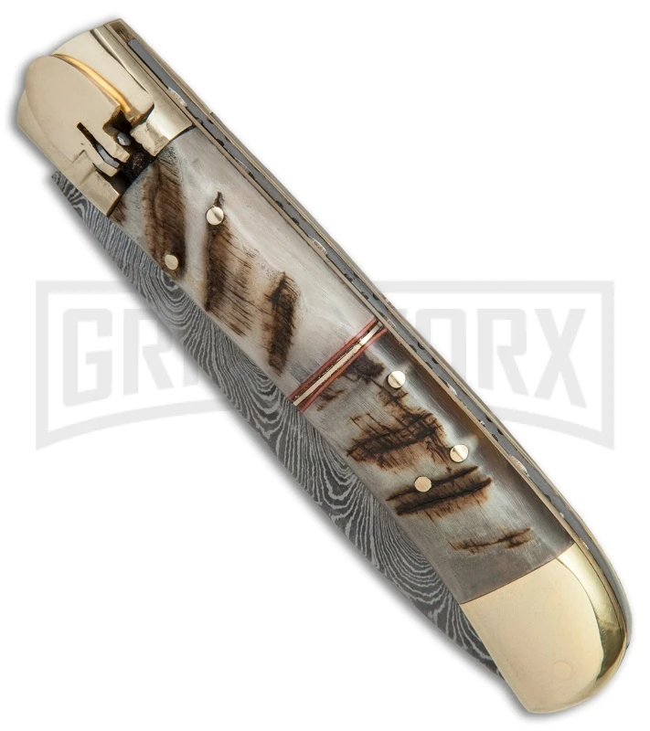 9" Damascus Leverlock Stag Automatic Knife - Dagger Damascus Plain 5 9" Damascus Leverlock Stag Automatic Knife - Dagger Damascus Plain - Image 3