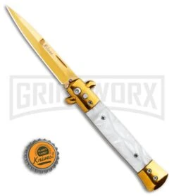 9" Milano Stiletto White Marble Acrylic Automatic Knife - Gold Plain -Kershaw Shop 9in Milano Stiletto White Marble Acrylic Automatic Knife Gold Plain GSE018GDMWT GX 0231 LS Bottlecap large