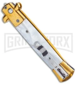 9" Milano Stiletto White Marble Acrylic Automatic Knife - Gold Plain -Kershaw Shop 9in Milano Stiletto White Marble Acrylic Automatic Knife Gold Plain GSE018GDMWT GX 0231 LS Side large