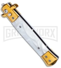 9" Milano Stiletto White Marble Acrylic Automatic Knife - Gold Plain -Kershaw Shop 9in Milano Stiletto White Marble Acrylic Automatic Knife Gold Plain GSE018GDMWT GX 0231 LS Spine large