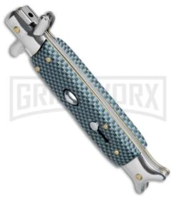 9" Sharksfin Stiletto Sim Carbon Fiber Automatic Knife - Satin Plain -Kershaw Shop 9in Sharksfin Stiletto Sim CF Satin Plain GBS26 BP 17238 jr spine large