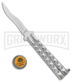 Kriss Blade Silver Butterfly Balisong Knife - Satin Plain -Kershaw Shop 9in Silver Butterfly Kriss Blade Satin GX 2609 jr bottlecap large