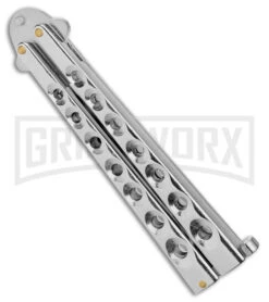 Kriss Blade Silver Butterfly Balisong Knife - Satin Plain -Kershaw Shop 9in Silver Butterfly Kriss Blade Satin GX 2609 jr side large