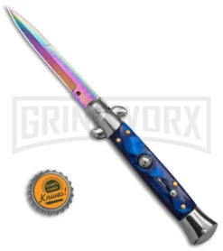 9" Anomaly Stiletto Blue Pearlex Automatic Knife - Spectrum Damascus Bayo -Kershaw Shop 9in anomaly stiletto blue pearlex ak spectrum damscus bayo gx 39373 td size large
