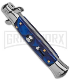 9" Anomaly Stiletto Blue Pearlex Automatic Knife - Spectrum Damascus Bayo -Kershaw Shop 9in anomaly stiletto blue pearlex ak spectrum damscus bayo gx 39373 td spine large