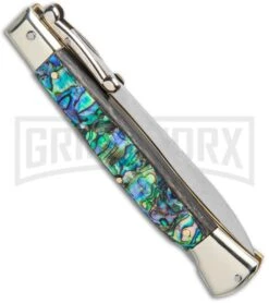 AGA 9" Italian Stiletto Swinguard Abalone Automatic Lockback Knife - Dagger -Kershaw Shop AGA 11in Italian Stiletto Swinguard Abalone Auto Dagger GX 36952 jr side large