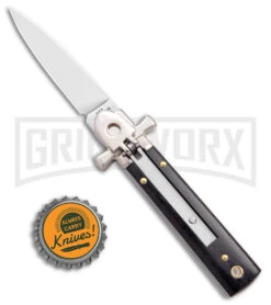 AGA 6" Lever Lock Ebony Wood Automatic Knife W/Cross Bolsters - Polish Plain -Kershaw Shop AGA 6in LL Ebony Wood Auto Cross Bolsters Satin BHQ 177247 jr bottlecap large