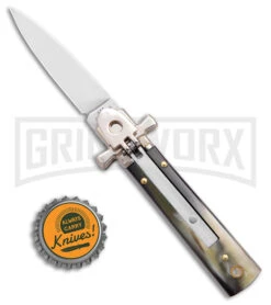 AGA 6" Lever Lock Horn Automatic Knife W/Cross Bolsters - Satin Plain -Kershaw Shop AGA 6in LL Horn Auto Cross Bolsters Satin BHQ 177246 jr bottlecap large
