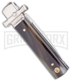 AGA 6" Lever Lock Horn Automatic Knife W/Cross Bolsters - Satin Plain -Kershaw Shop AGA 6in LL Horn Auto Cross Bolsters Satin BHQ 177246 jr side large