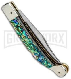 AGA Campolin Sahara Abalone Italian Stiletto Automatic Knife - Mirror Plain -Kershaw Shop AGA Camplin 9in Sahara Italian Stiletto LB Auto Abalone Mirror BHQ 90702 jr side large