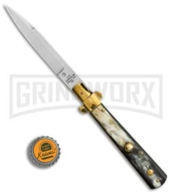AGA Campolin 10" Brass/Dark Horn Italian Frosolone Automatic Knife - Bayonet -Kershaw Shop AGA Campolin 10in Brass Dark Horn Italian Frosolone Bayonet BP 29647 er bottlecap large