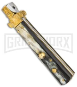 AGA Campolin 10" Brass/Dark Horn Italian Frosolone Automatic Knife - Bayonet -Kershaw Shop AGA Campolin 10in Brass Dark Horn Italian Frosolone Bayonet BP 29647 er spine large