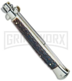 AGA Campolin 11" 2017 Italian Picklock Stag Automatic Knife - Bayonet -Kershaw Shop AGA Campolin 11in Picklock Italian Stiletto Stag Horn Satin BHQ 78222 jr side large