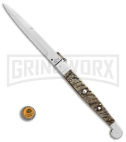 A.G.A. Campolin 16" Ram Horn Sicilian Ring Pull Automatic Knife - Bayonet -Kershaw Shop AGA Campolin 16in Sicilian Ring Pull Auto Ram Horn Satin Bayo BHQ 87416 er bottlecap large