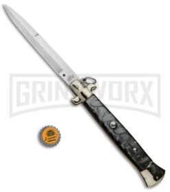 A.G.A. Campolin 18" Italian Stiletto Gray Ring Pull Automatic Knife - Bayo Satin -Kershaw Shop AGA Campolin 18in Italian Stiletto Silver Ring Pull Bayo BP 30462 jr bottlecap large