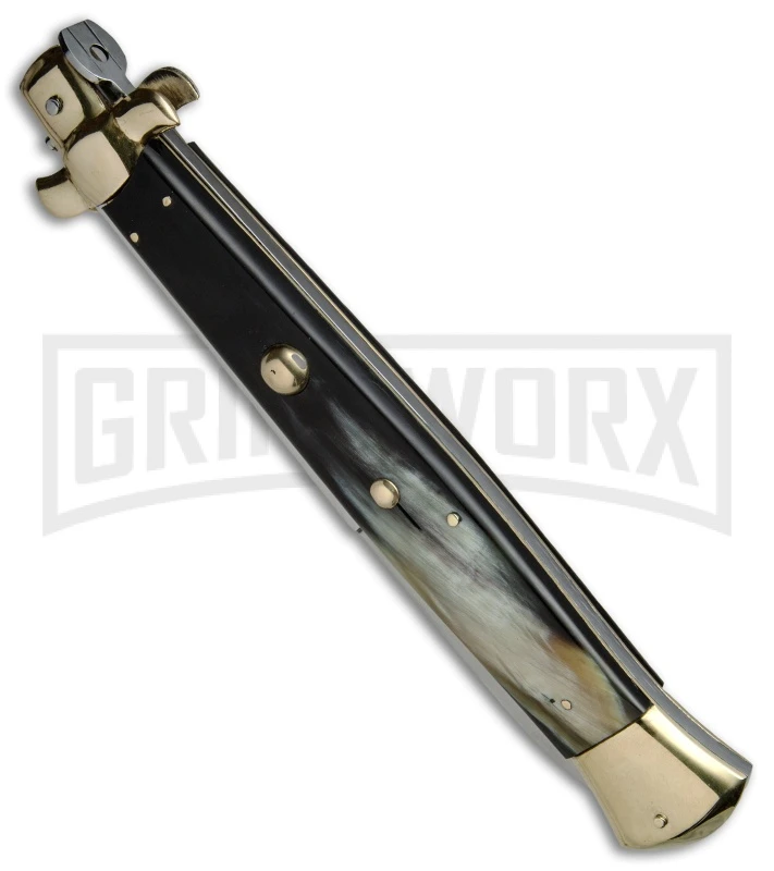 A.G.A. Campolin 18" Brazilian Horn/Brass Italian Stiletto Auto Knife - Bayonet 4 A.G.A. Campolin 18" Brazilian Horn/Brass Italian Stiletto Auto Knife - Bayonet - Image 2