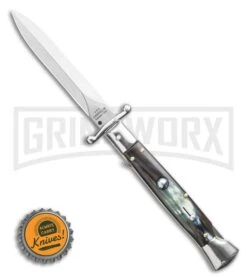 AGA Campolin 9" Stiletto Swinguard Brazilian Horn Automatic Knife - Dagger -Kershaw Shop AGA Campolin 9 Swinguard Automatic Knife Brazilian Horn 5.75 Satin Dagger BHQ 121424 LS Bottlecap large