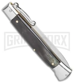 AGA Campolin 9" Stiletto Swinguard Brazilian Horn Automatic Knife - Dagger -Kershaw Shop AGA Campolin 9 Swinguard Automatic Knife Brazilian Horn 5.75 Satin Dagger BHQ 121424 LS Side large