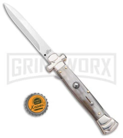 AGA Campolin 9" Maltese Cross Stiletto Horn Automatic Knife - Bayo Satin Plain -Kershaw Shop AGA Campolin 9in Maltese Cross Stiletto Auto Horn Bayo BHQ 177244 jr bottlecap large