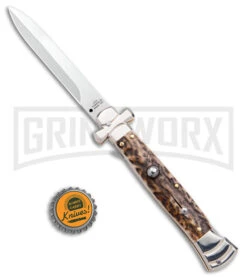 A.G.A. Campolin 9" Maltese Cross Stiletto Stag Automatic Knife - Bayonet Satin -Kershaw Shop AGA Campolin 9in Maltese Cross Stiletto Auto Stag Horn Bayo BHQ 50662 jr bottlecap large