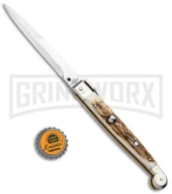 A.G.A. Campolin 9" Sicilian Stag Picklock Auto Sillito Knife - Bayonet -Kershaw Shop AGA Campolin 9in Sicilian Picklock Auto Stag Horn Satin Bayo BHQ 81940 jr bottlecap large
