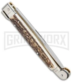 A.G.A. Campolin 9" Sicilian Stag Picklock Auto Sillito Knife - Bayonet -Kershaw Shop AGA Campolin 9in Sicilian Picklock Auto Stag Horn Satin Bayo BHQ 81940 jr side large